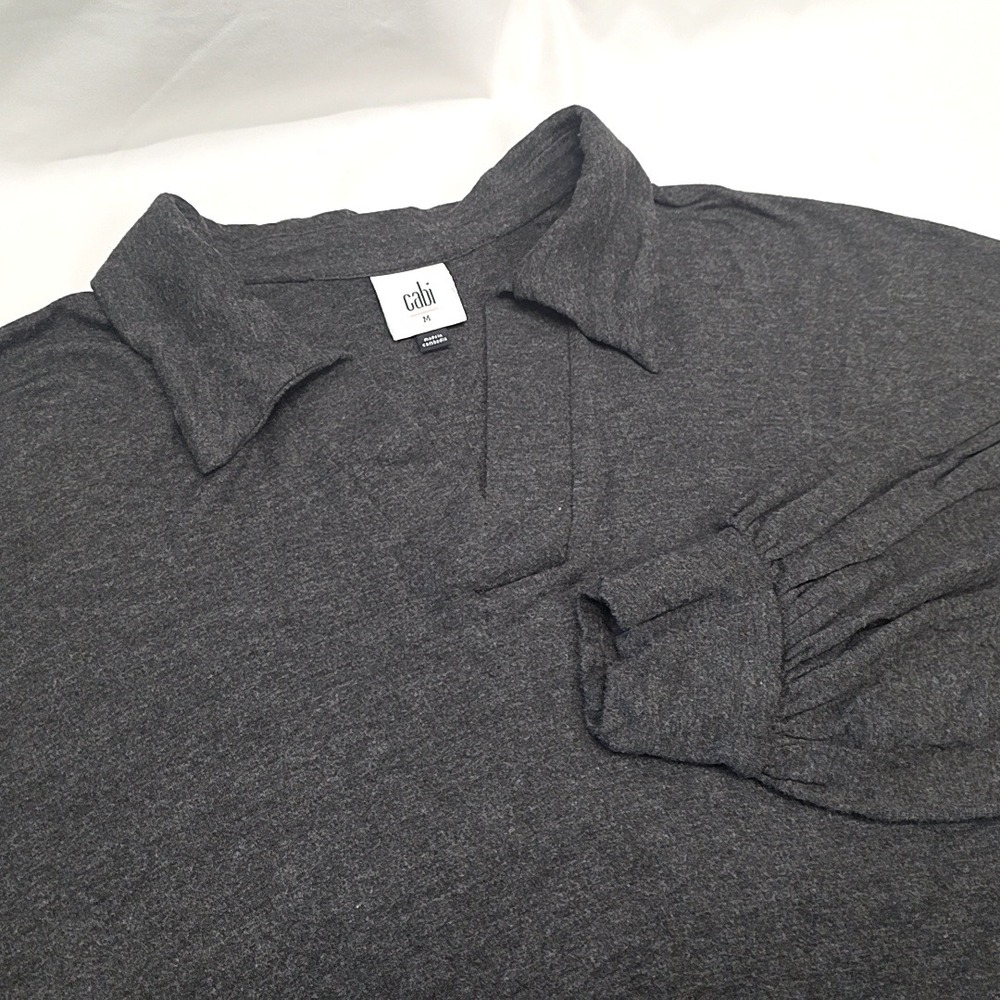 Cabi Top Womens Medium‎ Charcoal Grey V-Neck Collared Long Sleeve Knit Lounge